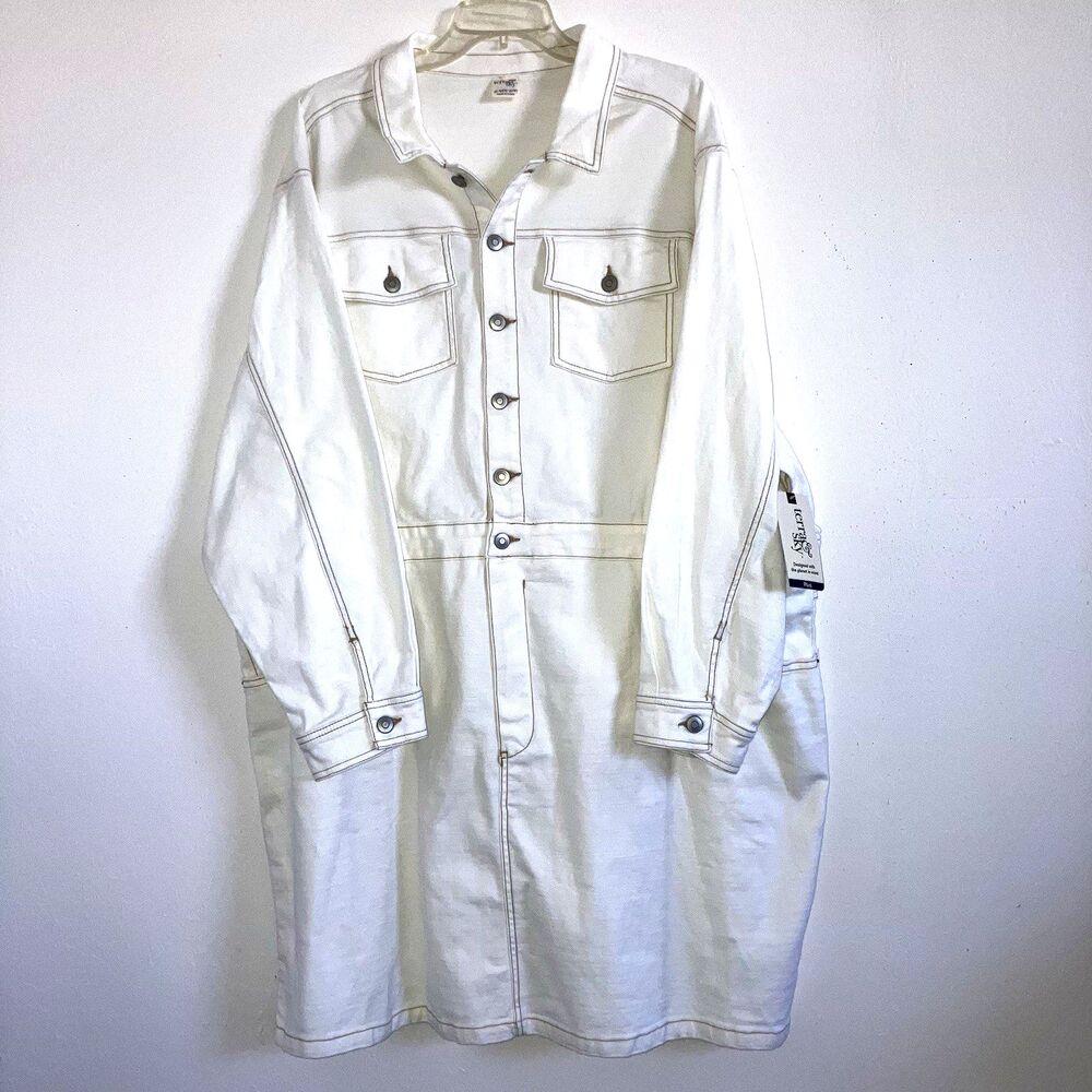 TERRA & SKY 4X White 98% Cotton Denim Utility Jeans Overalls Jumper Dress Plus